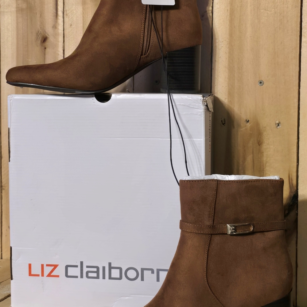 LIZ CLAIBORNE Womens 10 M Tudor Brown Comfort Faux Suede Zip Ankle Heel Boot NIB